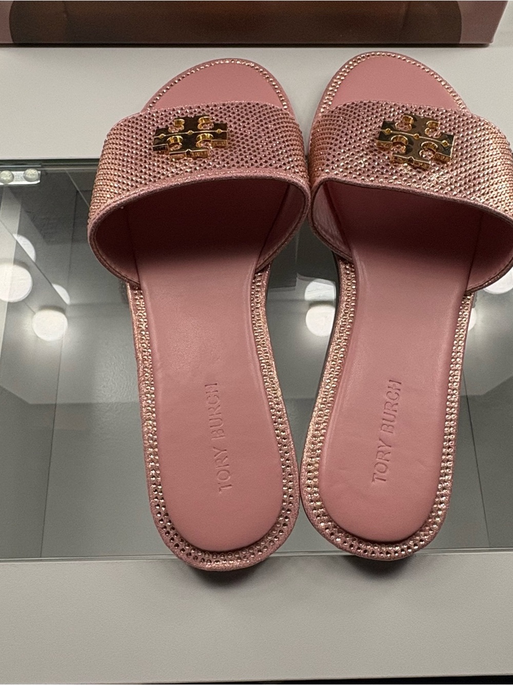 Tory Burch Pink Crystal Logo Slide Sandals